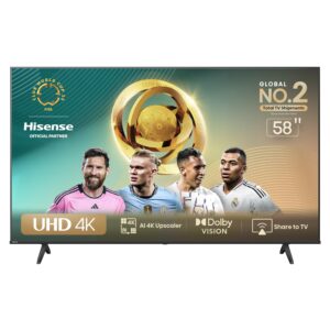 Hisense 58 inch 4K UHD A6 Series Smart TV 58A6HS – Frameless Vidaa Smart TV, Bluetooth, HDMI, USB, Netflix and Youtube One Touch