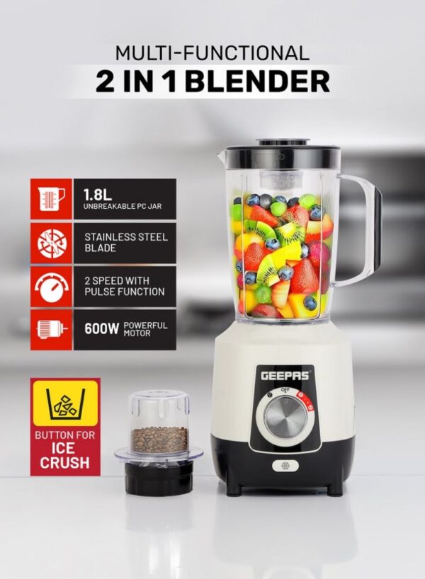 Geepas 1.6L 2-in-1 Blender GSB44107 Powerful Motor, Stainless Steel Blade & Grinder Attachment - Image 2