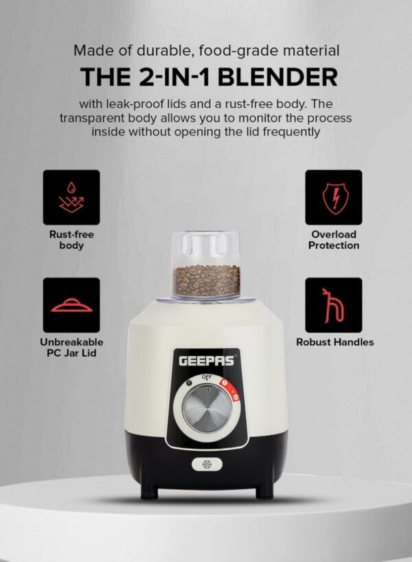 Geepas 1.6L 2-in-1 Blender GSB44107 Powerful Motor, Stainless Steel Blade & Grinder Attachment - Image 6