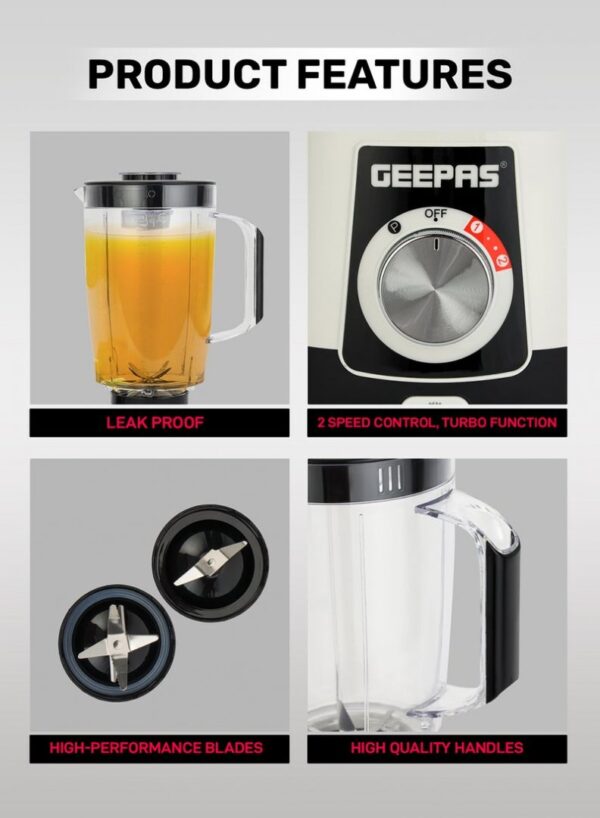 Geepas 1.6L 2-in-1 Blender GSB44107 Powerful Motor, Stainless Steel Blade & Grinder Attachment - Image 3