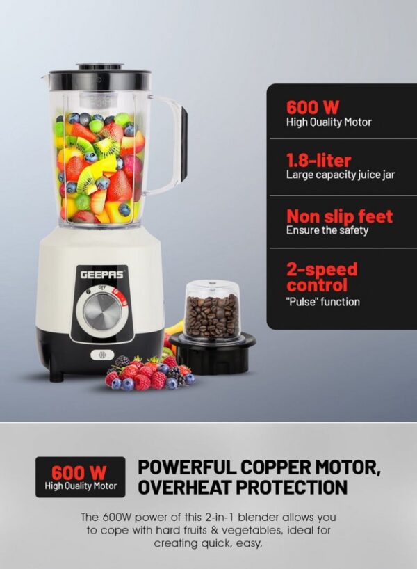 Geepas 1.6L 2-in-1 Blender GSB44107 Powerful Motor, Stainless Steel Blade & Grinder Attachment - Image 5