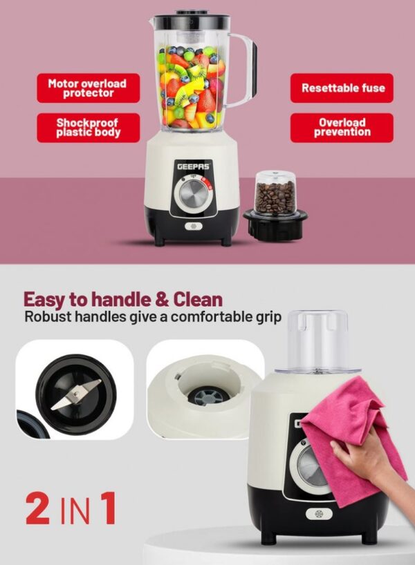 Geepas 1.6L 2-in-1 Blender GSB44107 Powerful Motor, Stainless Steel Blade & Grinder Attachment - Image 4