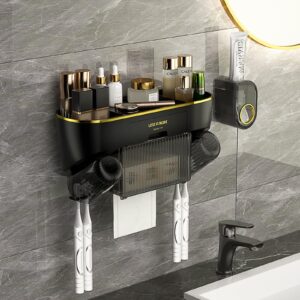 Wall Mounted Toothbrush Holders with Toothpaste Dispenser, WREWING 2 Cups Toothbrush Holder with Paper Towel Rack, Bathroom Toothbrush Holder Set with 4 Brush Slots and 3 Cosmetic Organizers (Black)