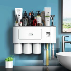 Wall Mounted Toothbrush Holder for Bathroom, Automatic Toothpaste Dispenser Kit with Magnetic Cups