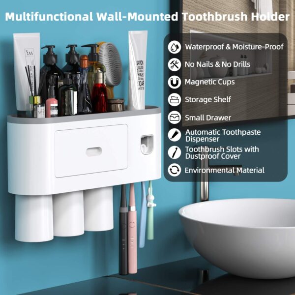 Wall Mounted Toothbrush Holder for Bathroom, Automatic Toothpaste Dispenser Kit with Magnetic Cups - Image 5