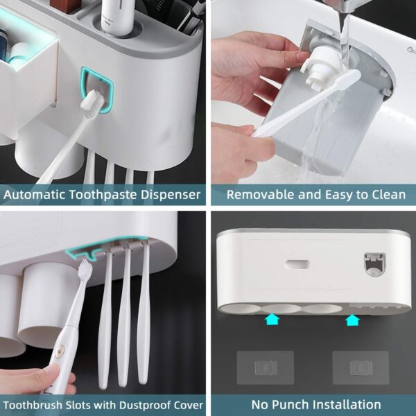 Wall Mounted Toothbrush Holder for Bathroom, Automatic Toothpaste Dispenser Kit with Magnetic Cups - Image 6
