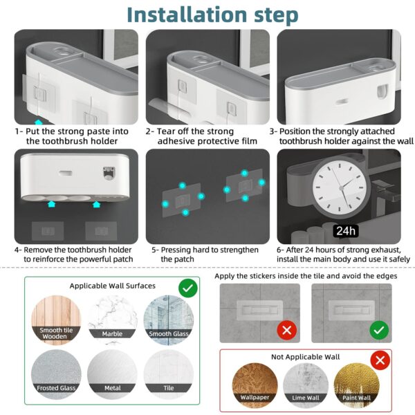 Wall Mounted Toothbrush Holder for Bathroom, Automatic Toothpaste Dispenser Kit with Magnetic Cups - Image 2