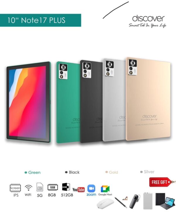 Discover Note 17 Plus PC Android Tablet– 512GB ROM – 8GB RAM – 6000mAh with Wireless Keyboard, Mouse, BT Earbud, Touch Pen, BT Speaker