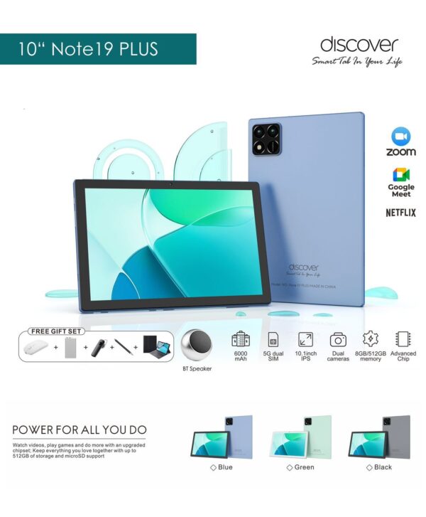 Discover Note 19 Plus PC Android Tablet– 512GB ROM – 8GB RAM – 6000mAh with Wireless Keyboard, Mouse, BT Earbud, Touch Pen, BT Speaker, Power Bank