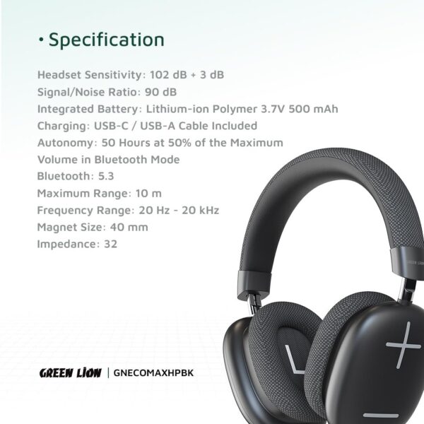 Green Lion Echo Max Bluetooth Wireless Headphones 48 Hours Play Time Black - Image 2