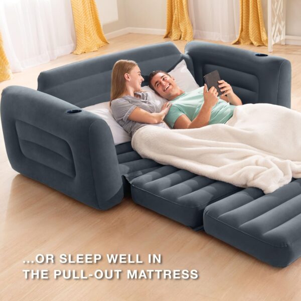 Camping Intex Inflatable Furniture with Pull Out Sofa Chair Queen Sized Air Bed Mattress w Free Pump - Image 3