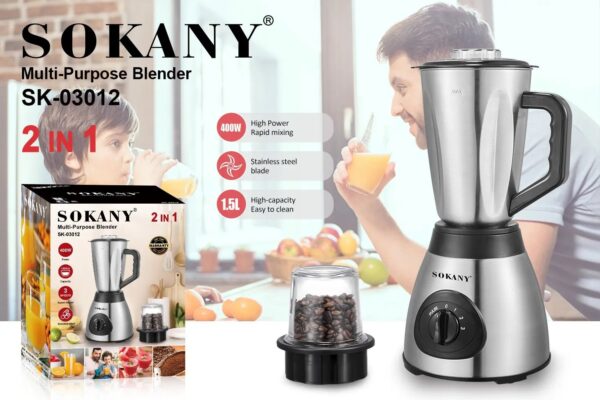 Sokany 2-In-1 Blender SK-03012 | 400W | 1.5L Jar | Stainless Steel Blades - Image 2