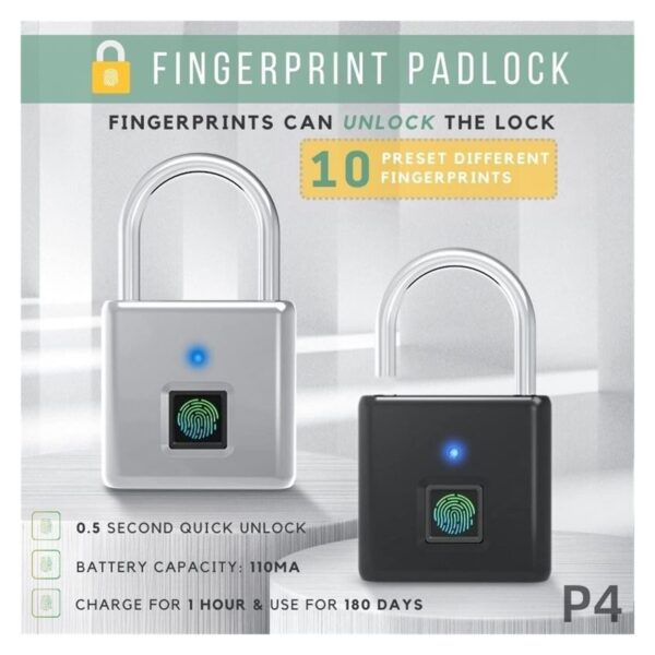 Anti theft Security Padlock with Intelligent Biometric Smart Waterproof Fingerprint Keyless - Image 8