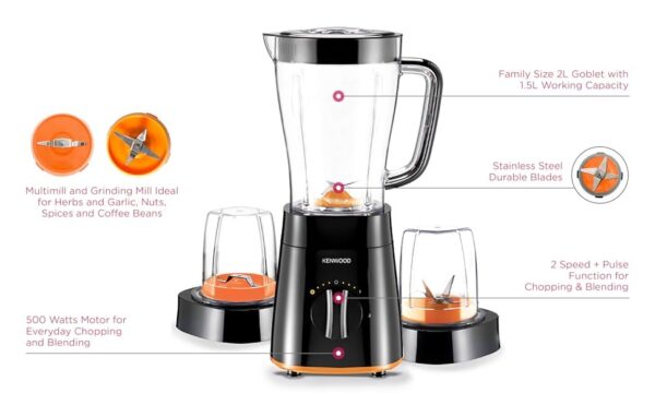 Kenwood Blender 500W Smoothie Blender/Smoothie Maker 1.5L with Grinder Mill, Chopper Mill, Ice Crush Function BLP15.360BK Black - Image 2