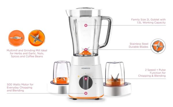 Kenwood Blender Smoothie Maker 500W 1.5L With Grinder Mill, Chopper Mill, Ice Crush Function Blp15.360Wh White - Image 2