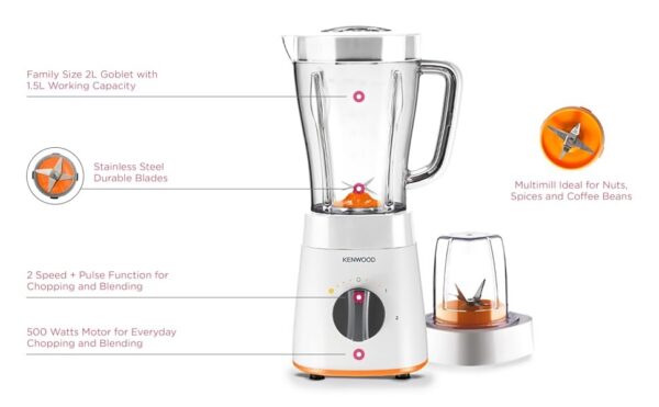 Kenwood Blender Smoothie Maker 500W 1.5L With Grinder Mill, Chopper Mill, Ice Crush Function Blp15.360Wh White - Image 2