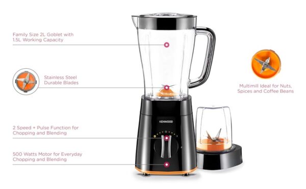 Kenwood Blender 500W Smoothie Blender/Smoothie Maker 1.5L With Multi Mill (Grinder/Chopper), Ice Crush Function Blp15.150Bk Black - Image 3