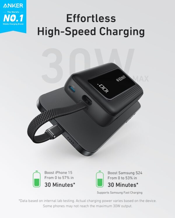 Anker Zolo Power Bank (10K, 30W, Built-In USB-C Cable) - Image 3