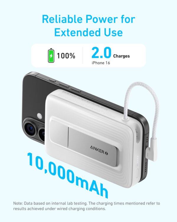 Anker Zolo Power Bank 10K, Magnetic, Built-in USB C Cable Wireless Charging with Flexible Stand - Image 2
