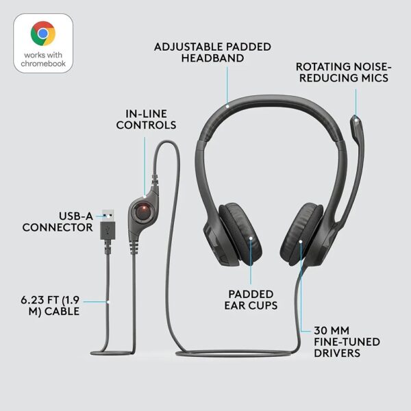 Logitech H390 Wired Headset, Stereo Headphones with Noise Cancelling Microphone, USB, In Line Controls, PC/Mac/Laptop - Image 3