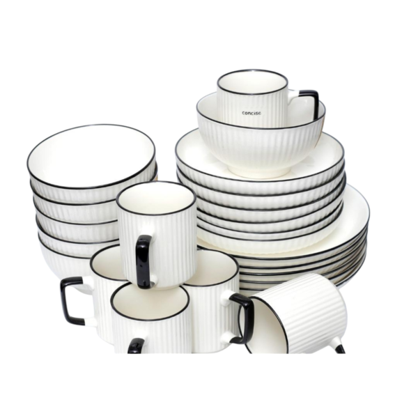 24pcs Concise Ceramic Dinner Set with Black Rim  - ( 6 dinner plates, 6 side plates, 6 bowls and 6 cups)