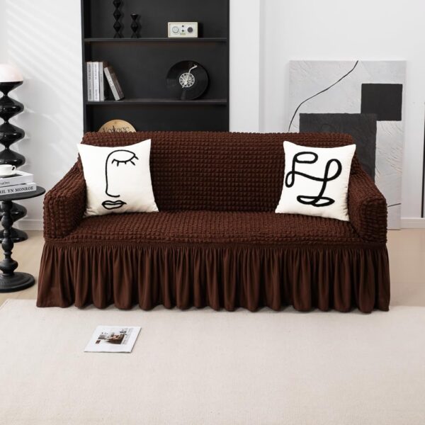 Turkish Fabric 6 Seater Sofa Cover Set Stretchable Bubble Fabric with Frill (Coffee Brown) - Image 6