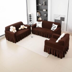 Turkish Fabric 6 Seater Sofa Cover Set Stretchable Bubble Fabric with Frill (Coffee Brown)
