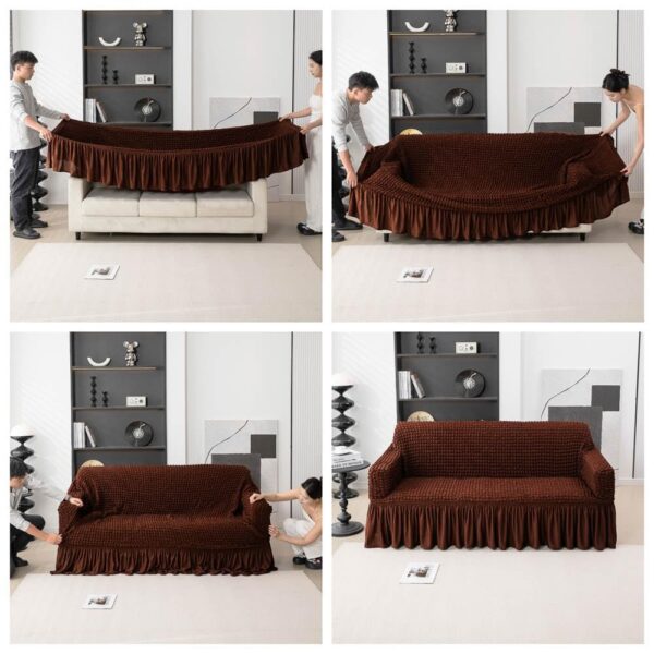 Turkish Fabric 6 Seater Sofa Cover Set Stretchable Bubble Fabric with Frill (Coffee Brown) - Image 3