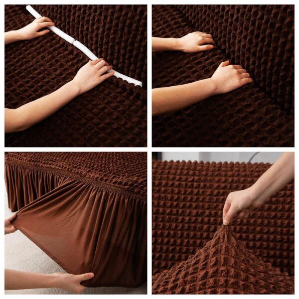 Turkish Fabric 6 Seater Sofa Cover Set Stretchable Bubble Fabric with Frill (Coffee Brown) - Image 4