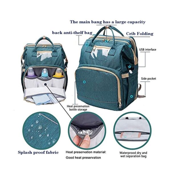 Portable Diaper Bag, Multifunctional Baby Travel Cot, Multifunctional Baby Portable Foldable Cot Bed, Mummy Bag Foldable Travel Baby Backpack, Green - Image 10