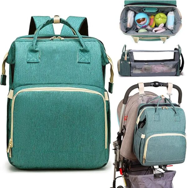 Portable Diaper Bag, Multifunctional Baby Travel Cot, Multifunctional Baby Portable Foldable Cot Bed, Mummy Bag Foldable Travel Baby Backpack, Green - Image 4