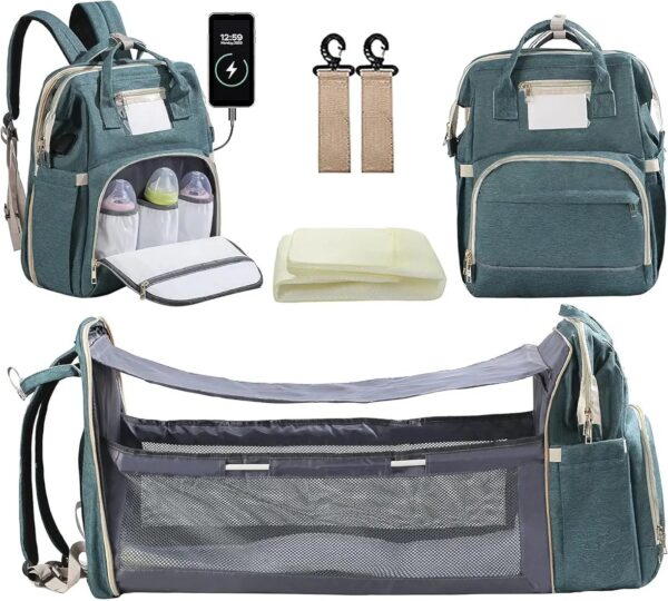 Portable Diaper Bag, Multifunctional Baby Travel Cot, Multifunctional Baby Portable Foldable Cot Bed, Mummy Bag Foldable Travel Baby Backpack, Green - Image 8