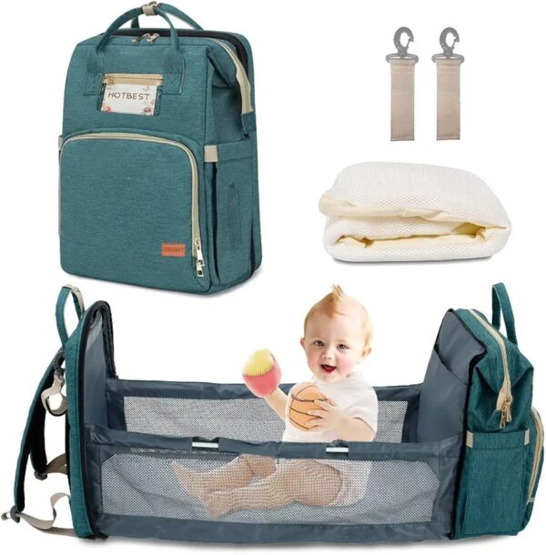Portable Diaper Bag, Multifunctional Baby Travel Cot, Multifunctional Baby Portable Foldable Cot Bed, Mummy Bag Foldable Travel Baby Backpack, Green - Image 3