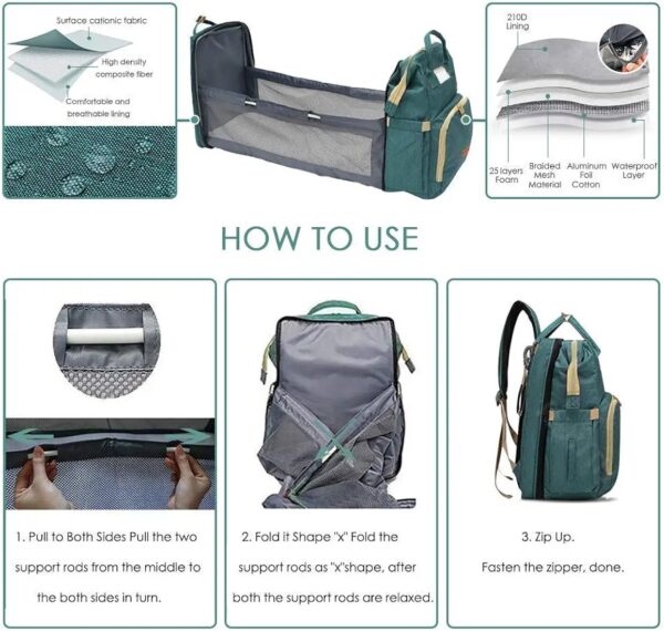 Portable Diaper Bag, Multifunctional Baby Travel Cot, Multifunctional Baby Portable Foldable Cot Bed, Mummy Bag Foldable Travel Baby Backpack, Green - Image 9
