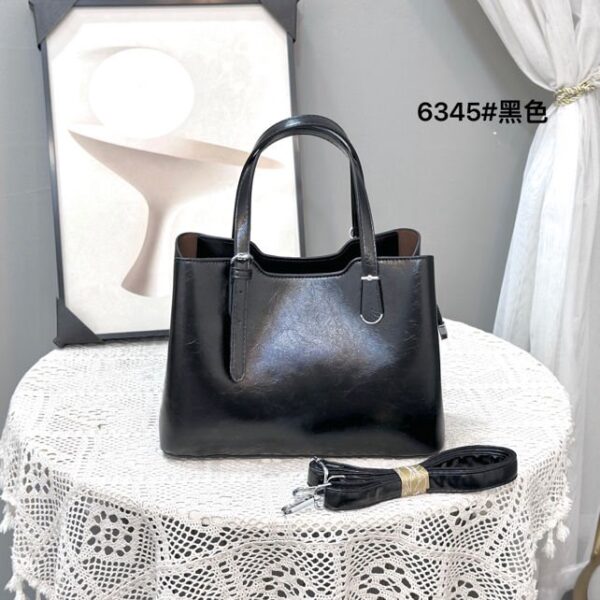 Black Leather Tote Women's Handbag with a Detachable Shoulder Strap