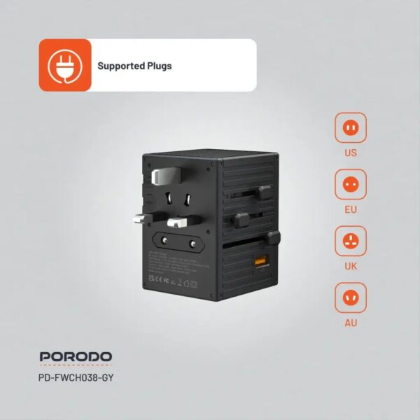 Porodo 65W Travel Adapter / 5 Port Travel Block Universal Charger for over 150 Countries - Image 4