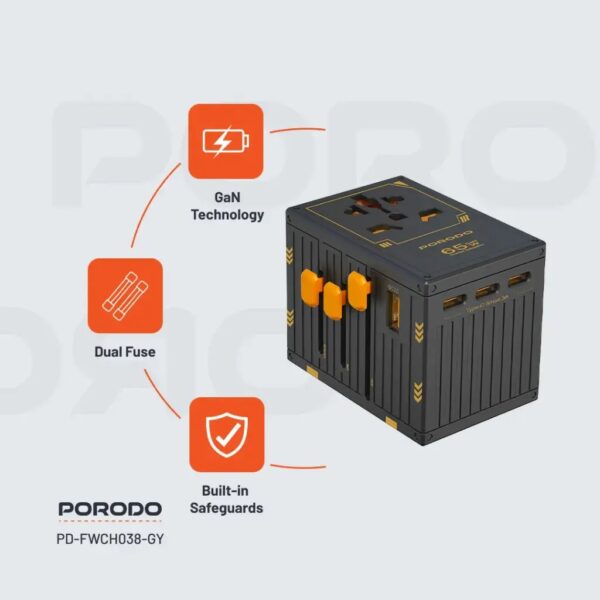 Porodo 65W Travel Adapter / 5 Port Travel Block Universal Charger for over 150 Countries - Image 6