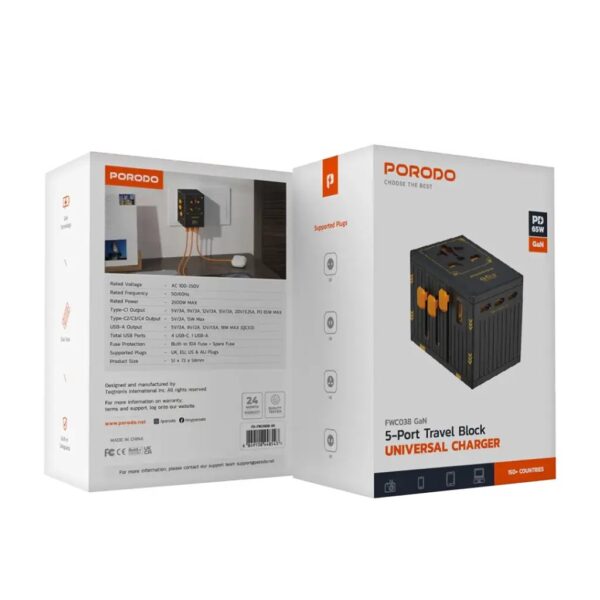 Porodo 65W Travel Adapter / 5 Port Travel Block Universal Charger for over 150 Countries - Image 8