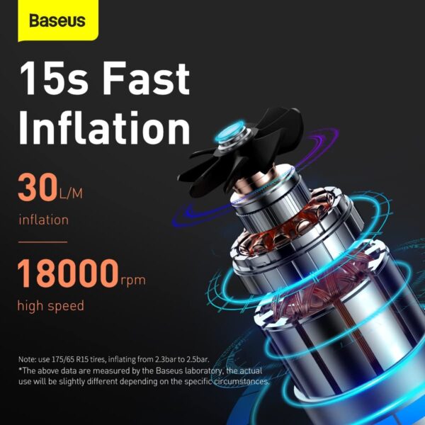 Baseus Super Mini Inflator Pump Air Compressor Portable Hand-Held Auto Tire Pump 4 Tires in 25 Minutes - Black - Image 5