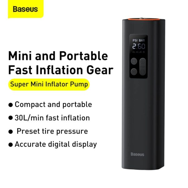 Baseus Super Mini Inflator Pump Air Compressor Portable Hand-Held Auto Tire Pump 4 Tires in 25 Minutes - Black - Image 4