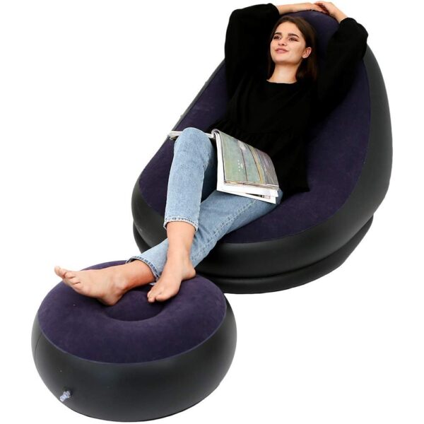 Inflatable Deluxe Lounge Camping Chair With Ottoman Foot stool Seat Relax Couch Navy Blue with Free Pump - Image 2