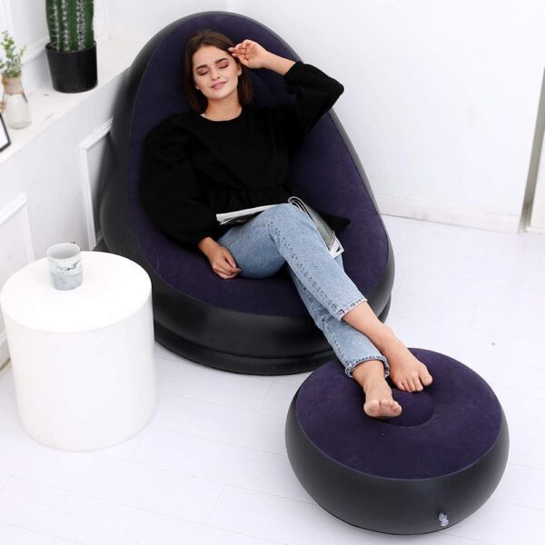 Inflatable Deluxe Lounge Camping Chair With Ottoman Foot stool Seat Relax Couch Navy Blue with Free Pump