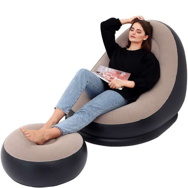 Inflatable Deluxe Lounge Lounger Chair With Ottoman Foot stool Seat Relax Couch Grey with Free Pump - Image 2