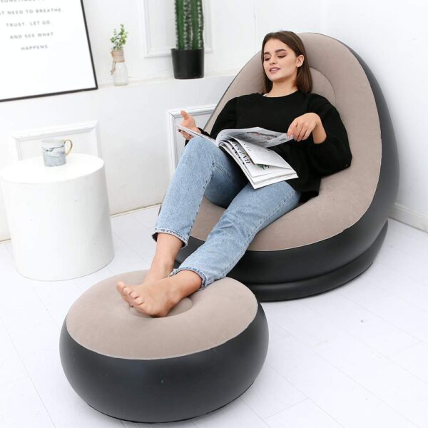 Inflatable Deluxe Lounge Lounger Chair With Ottoman Foot stool Seat Relax Couch Grey with Free Pump