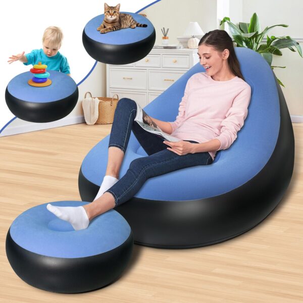 Inflatable Deluxe Lounge Lounger Chair With Ottoman Foot stool Seat Relax Couch Light Blue