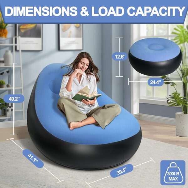 Inflatable Deluxe Lounge Lounger Chair With Ottoman Foot stool Seat Relax Couch Light Blue - Image 2