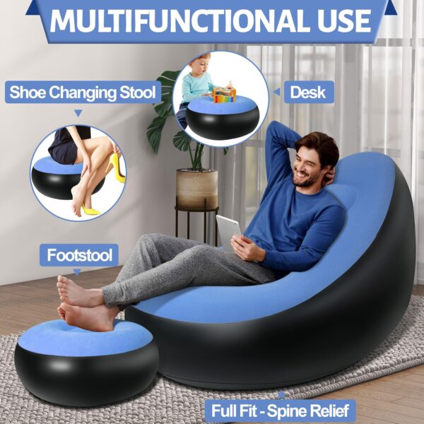 Inflatable Deluxe Lounge Lounger Chair With Ottoman Foot stool Seat Relax Couch Light Blue - Image 3