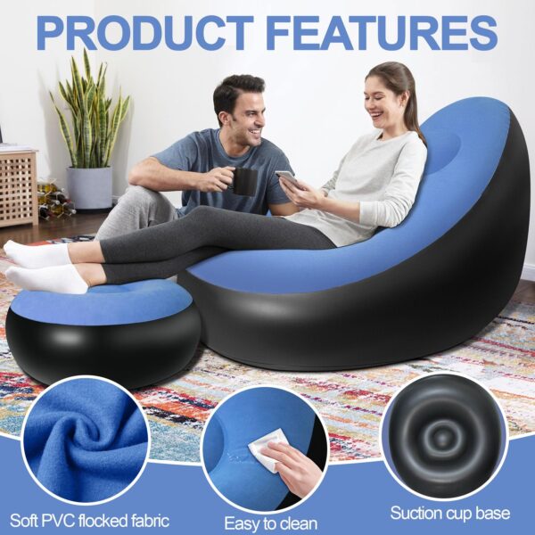 Inflatable Deluxe Lounge Lounger Chair With Ottoman Foot stool Seat Relax Couch Light Blue - Image 6