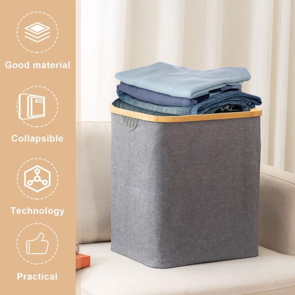 Foldable Bamboo Laundry Basket without Lid - Decor Essentials for Any Room - Medium - Square - Gray - Image 6