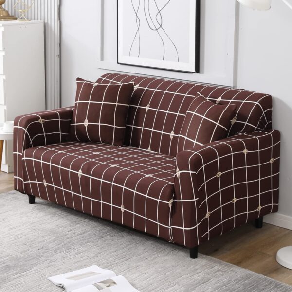 Sofa Covers 6 Seaters 3,2,1 Stretch Fabric, Full Cover Protector Couch - Brown Checks - Image 5